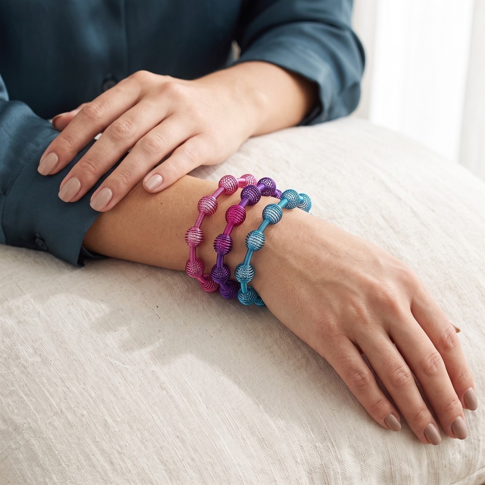 Set of 3 Colorful Wire Coil Spring Bangle Bracelets Blue Purple Pink Metallic